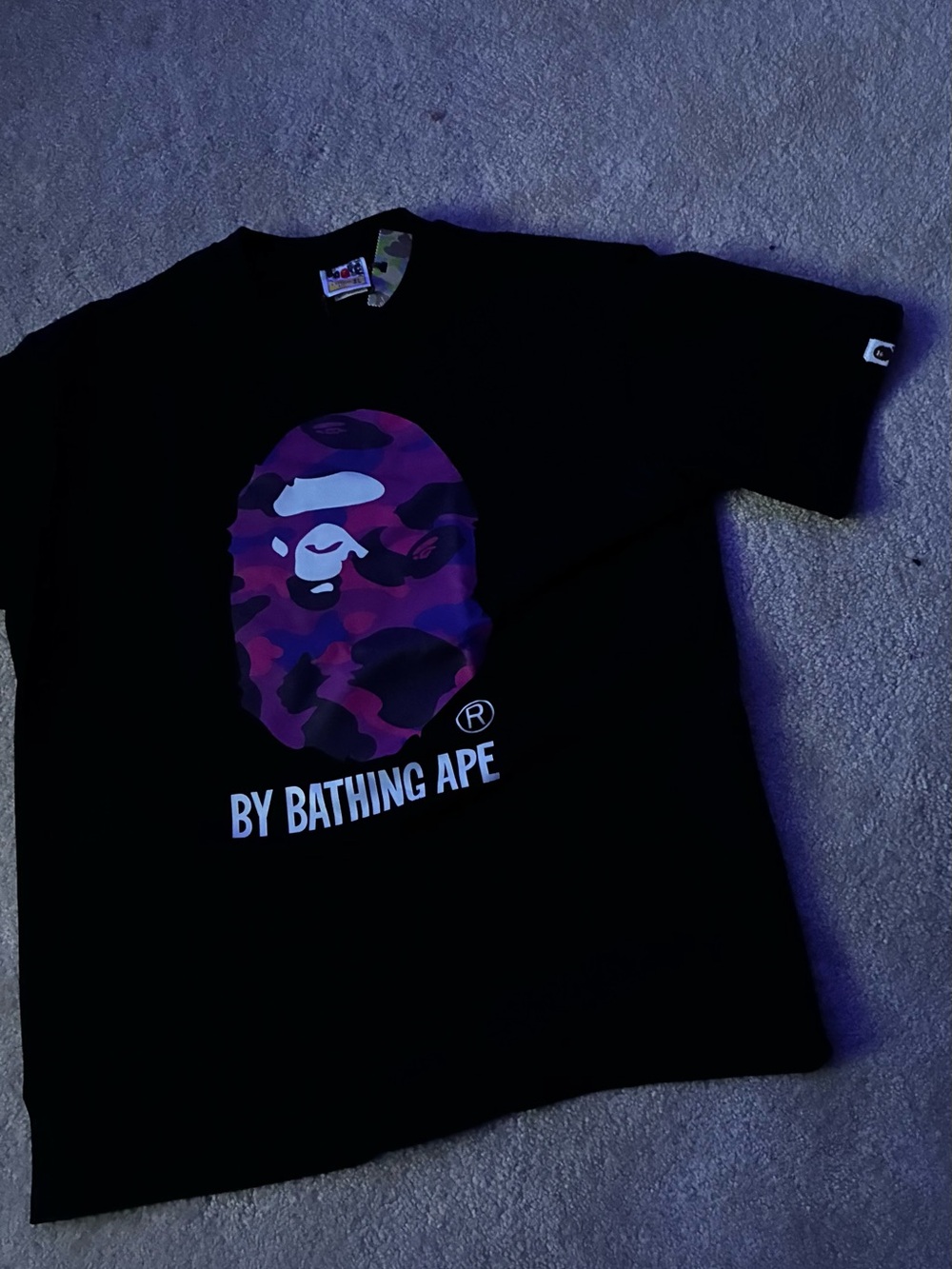 Bape Black Tee with Purple/Pink Camo Ape Head